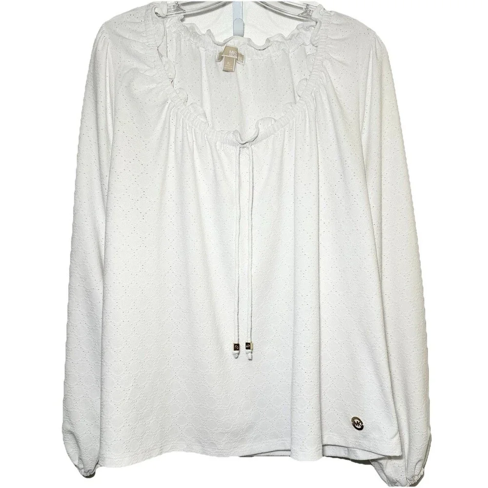 Michael Kors White Eyelet Peasant Blouse XL Boho Tie Neck Long Sleeve